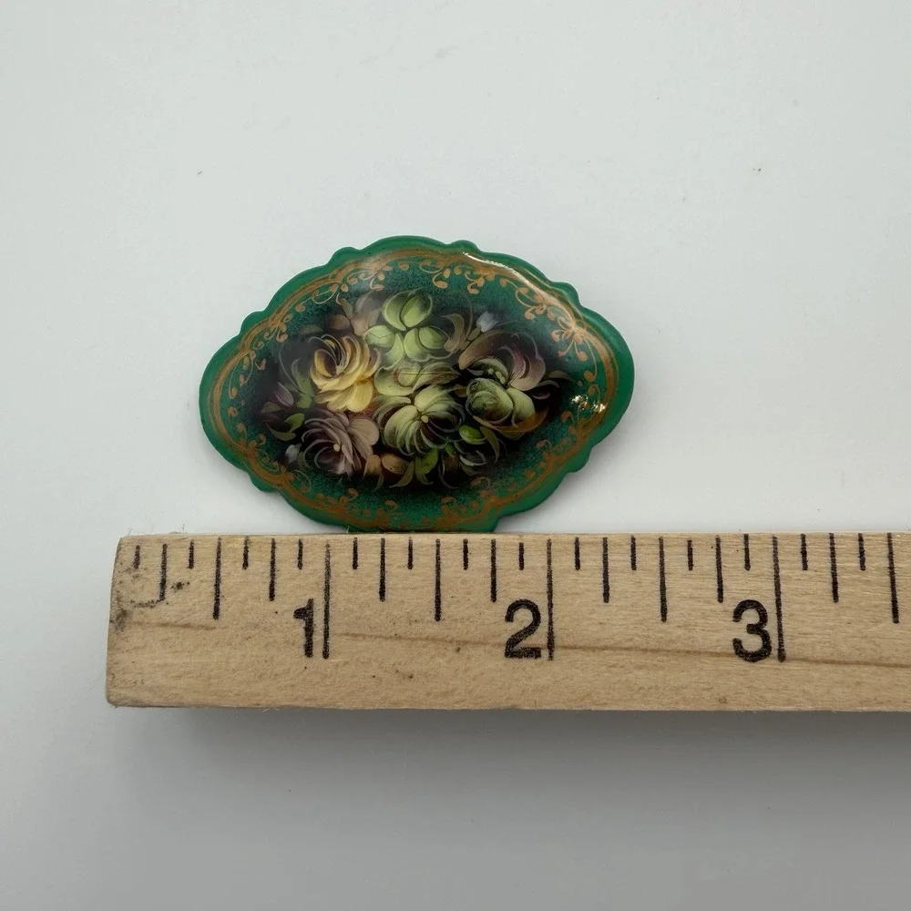 Russian Lacquer Brooch Pin Hand Painted Artist Signed Vintage Floral Jewelry